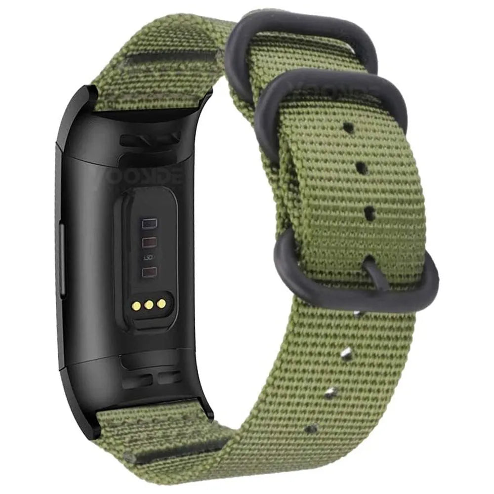 Army Green nylon replacement strap with three-ring buckle for Fitbit Charge 2, 3, 4, and 5 fitness trackers.
