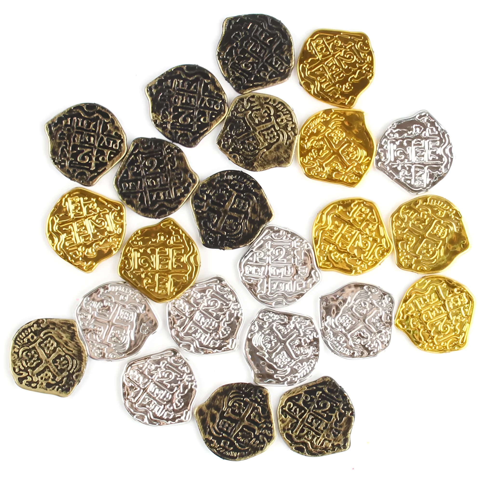 Plastic Roman coins set with gold, silver, and bronze electroplated finishes - 100 pieces