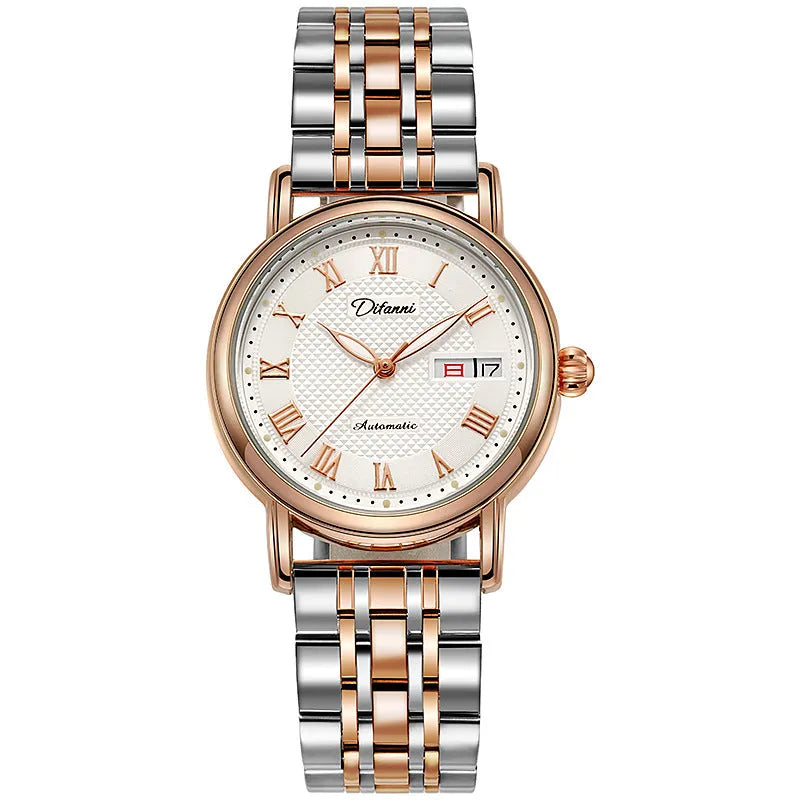 Automatic women's mechanical watch with 12mm case on steel or leather strap in various colours.