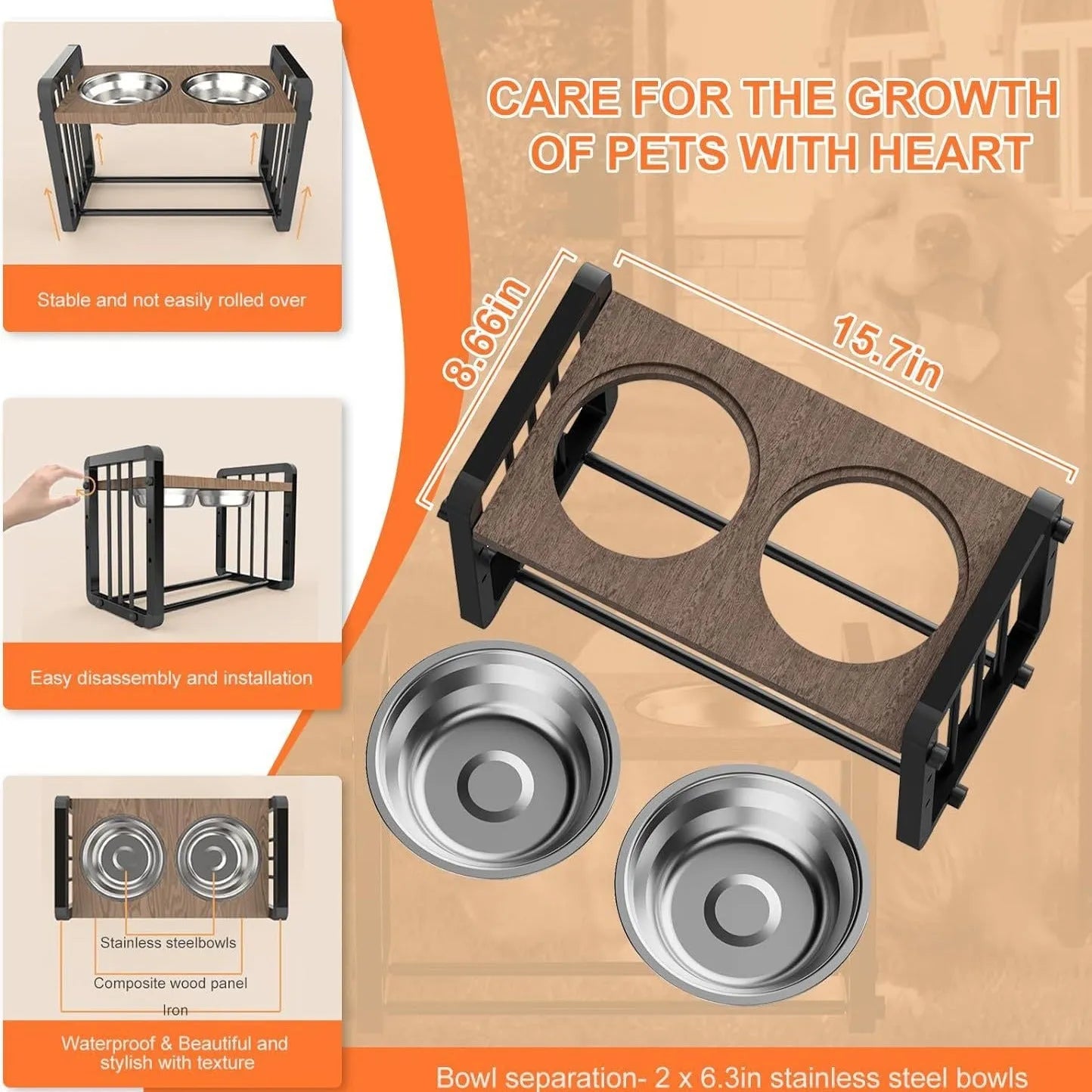 Black wooden dog bowl bracket stand with non-slip base, holding food and water bowls.