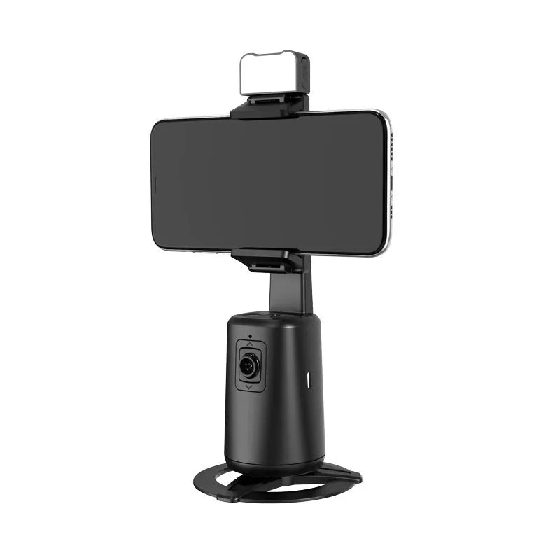 Black desktop camera bracket with face tracking, motorised rotation, and ribbon LED lighting for smartphones