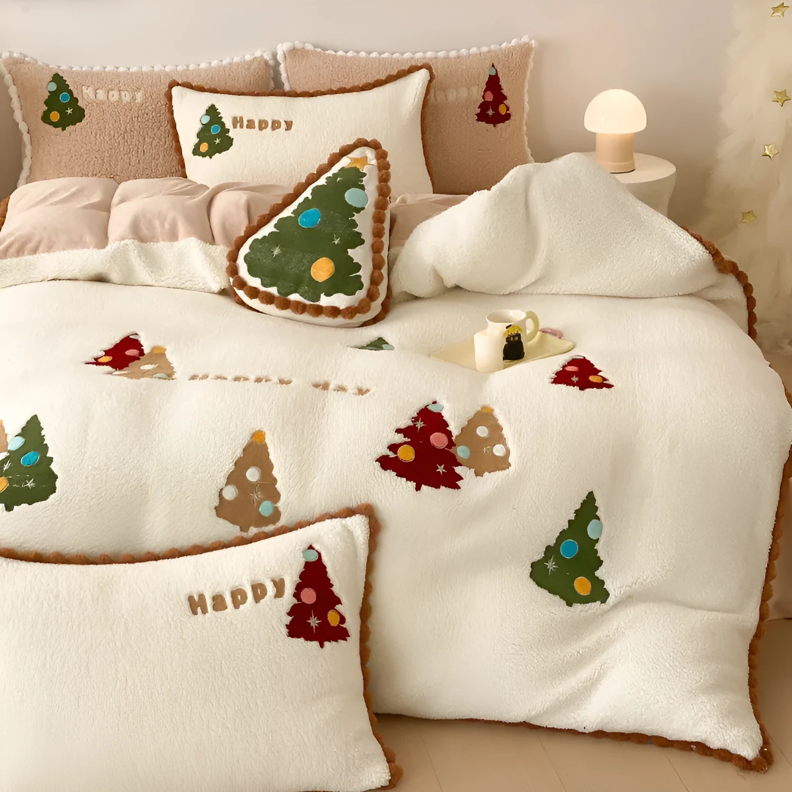 Bright yellow fleece-lined bedding set with embroidered Christmas tree pattern, shown on a double bed.
