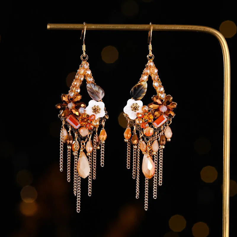 Women's hand-woven Bohemian earrings with artificial crystal and alloy in red and black, champagne, and amethyst colours
