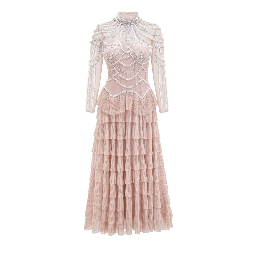 Women's black beaded long sleeve dress with mid-waist design and full-length skirt