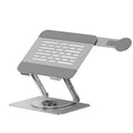 Silver carbon steel laptop stand with side-mounted magnetic phone holder for devices up to 17 inches