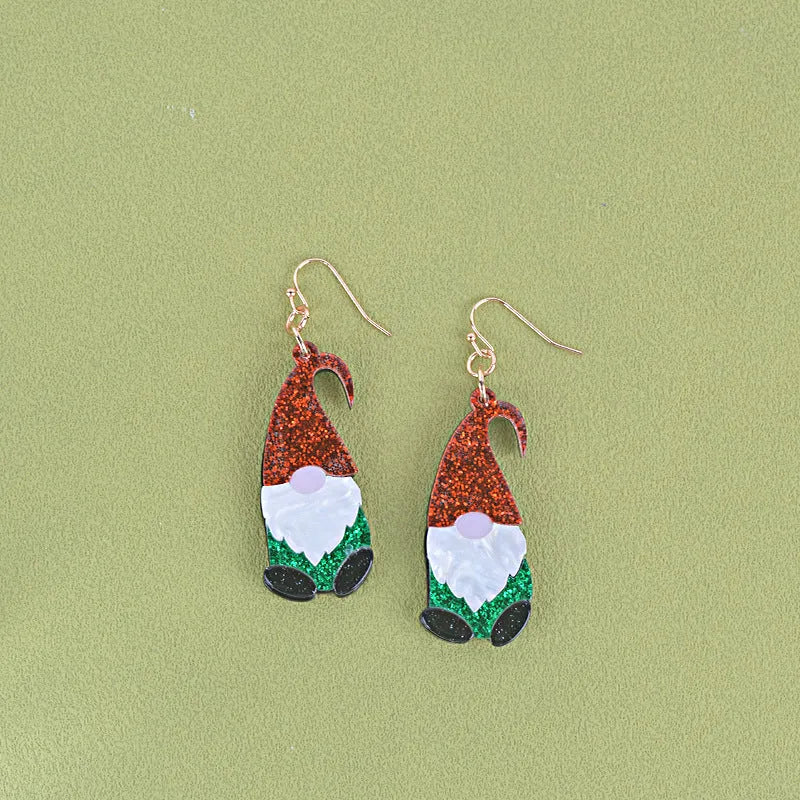Cartoon-style Santa Claus character earrings made of red and green acrylic