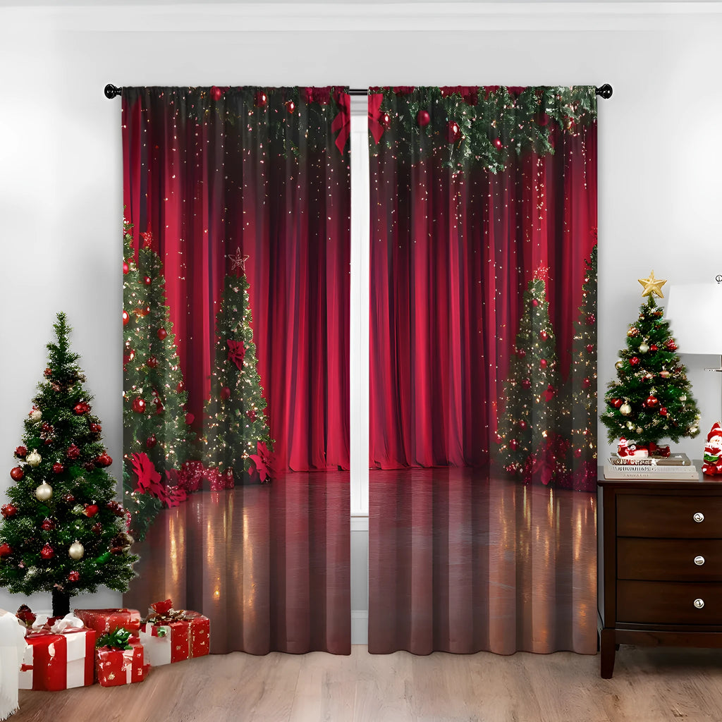 Pair of 3D digitally printed Christmas theme curtains in a red and green European style pattern.