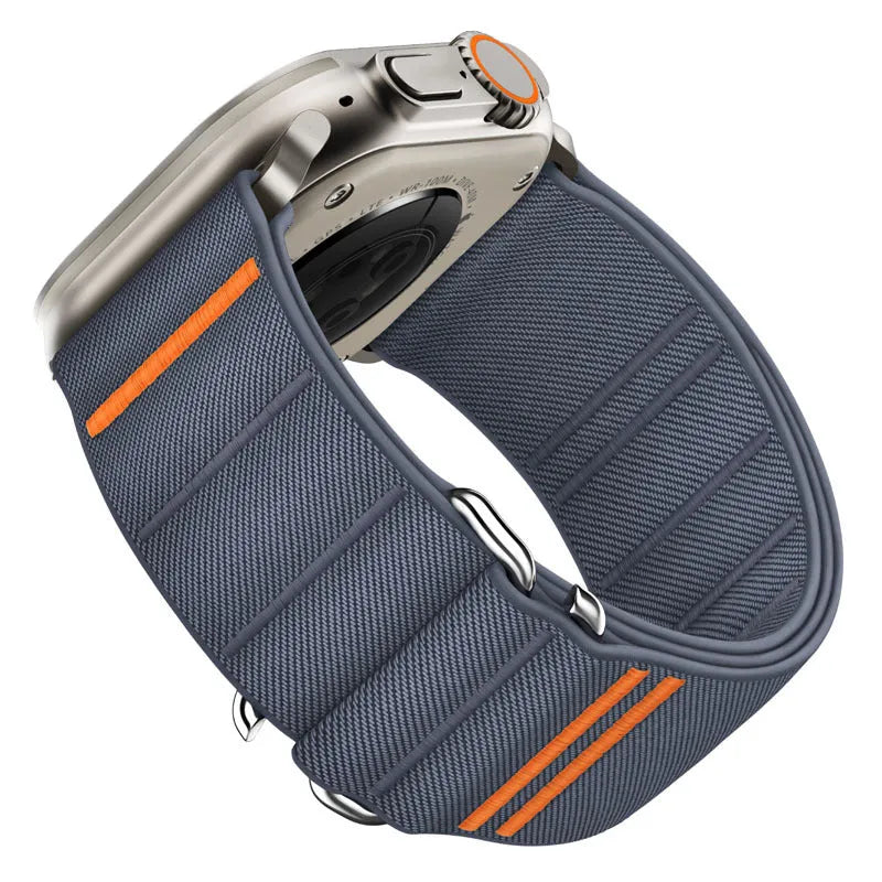 Elastic nylon Apple Watch replacement band with stainless steel buckle in Army Green colour