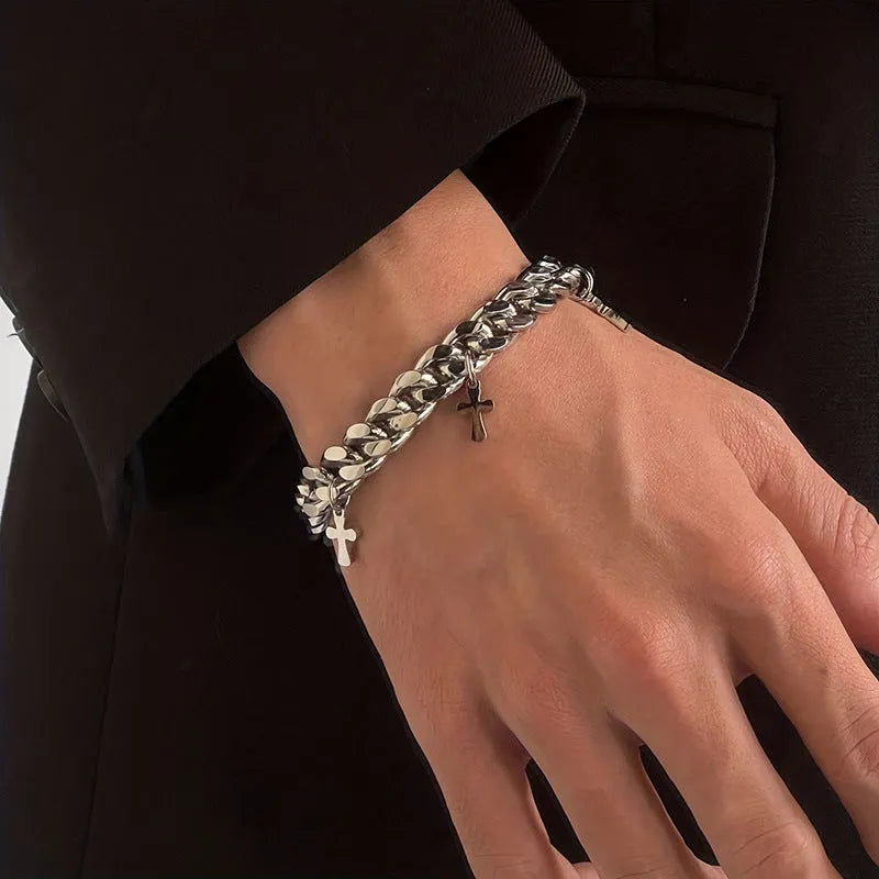 Men's titanium steel bracelet with a geometric shape and a central cross pendant.