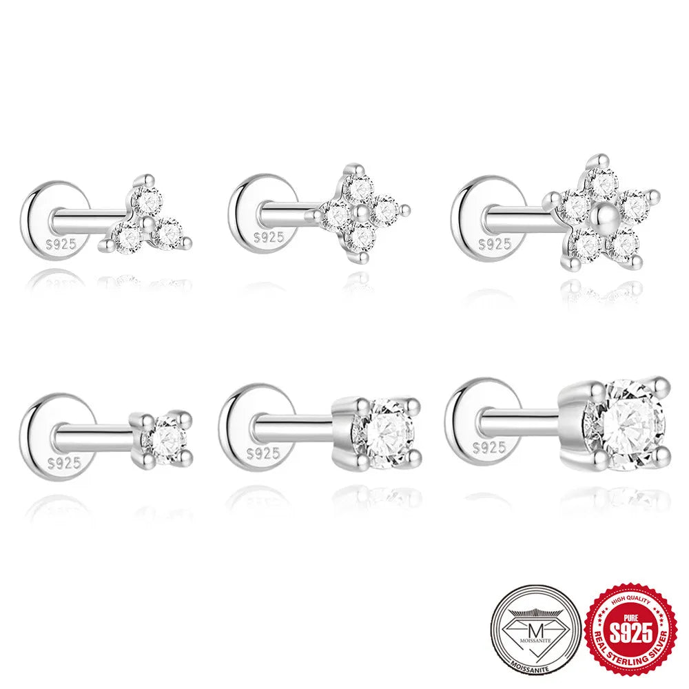 Sterling silver geometric stud earrings with petal designs in multiple sizes and styles