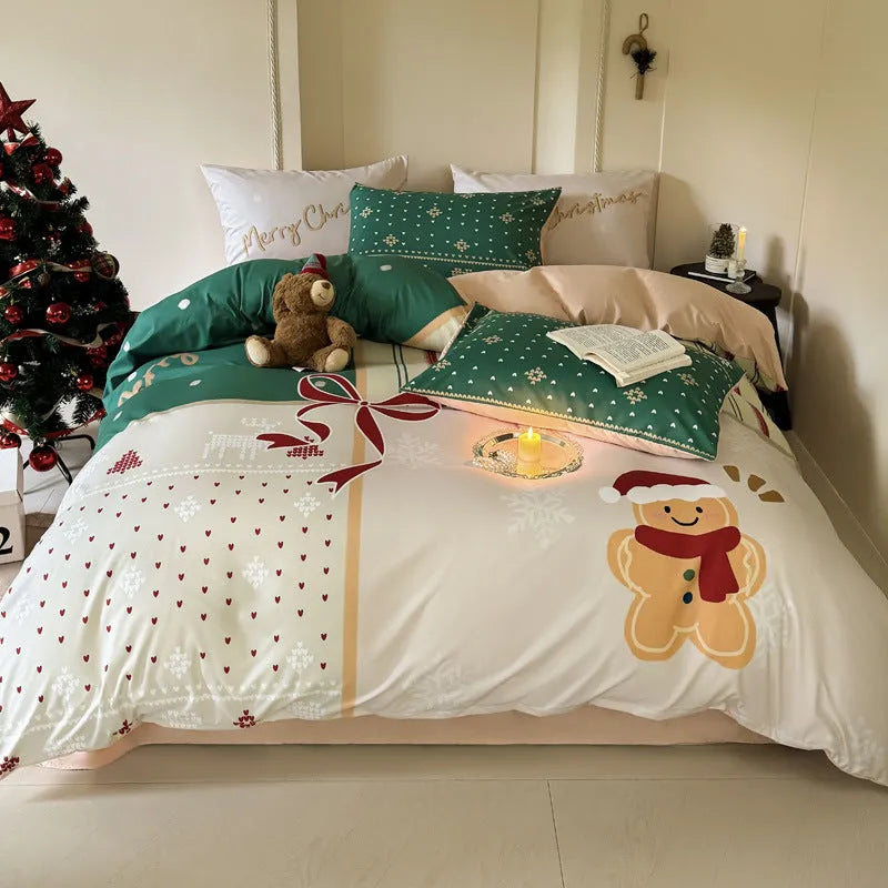 Christmas-themed cartoon printed duvet cover and pillowcase set on a bed, showing Gingerbread Man pattern.