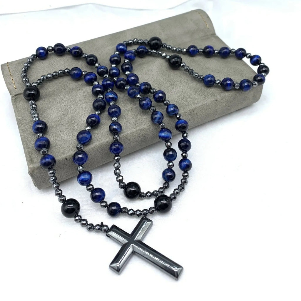 Men's stone cross pendant necklace on a ball bead chain with safety lock, 80cm length.