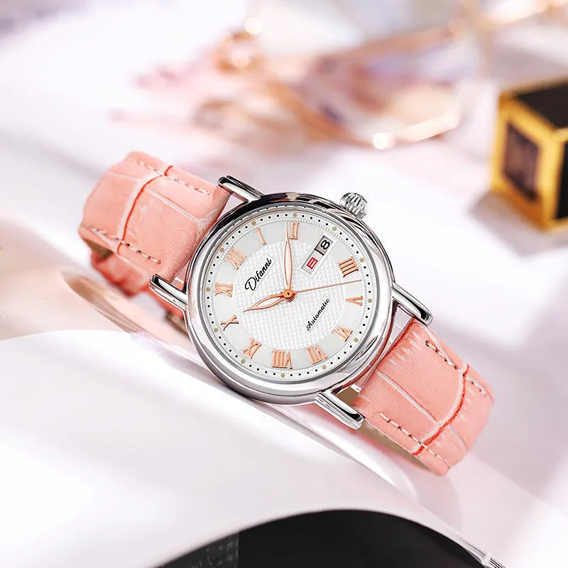 Automatic women's mechanical watch with 12mm case on steel or leather strap in various colours.