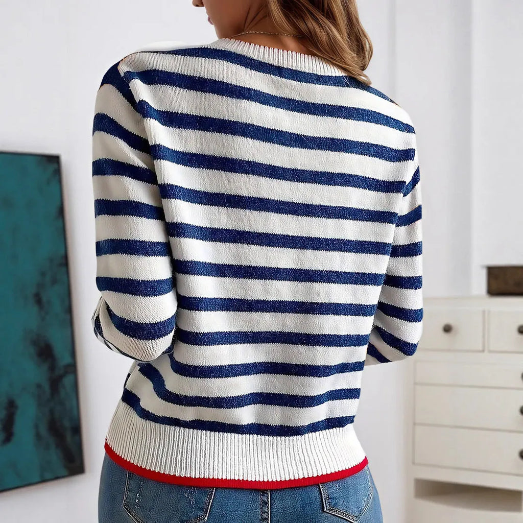 Sapphire Blue striped knitted pullover sweater with loose fit and round neckline