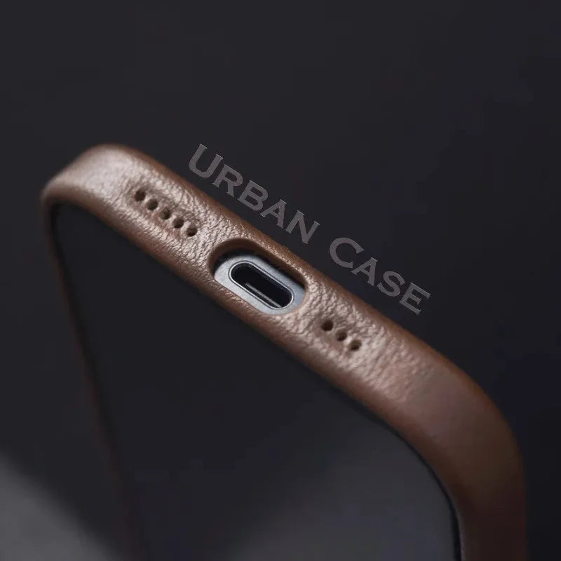 Genuine leather magnetic phone case for iPhone 12–16 series, brown colour, hard case shell