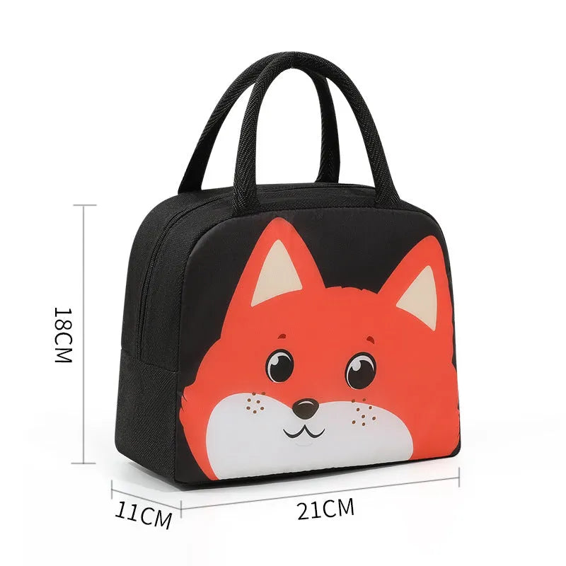 Cartoon funny children's insulated lunch box bag in Oxford cloth with animal design.