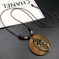 Wooden leaf pendant necklace with wax line chain in ethnic style