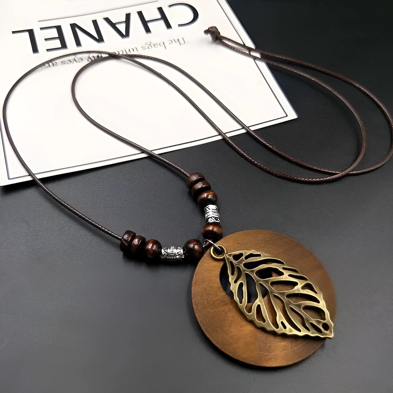 Wooden leaf pendant necklace with wax line chain in ethnic style