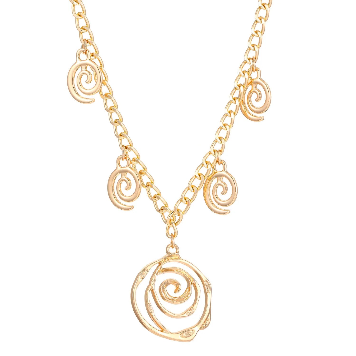 Spiral donut design jewellery set showing necklace, bracelet and ear hooks in gold finish