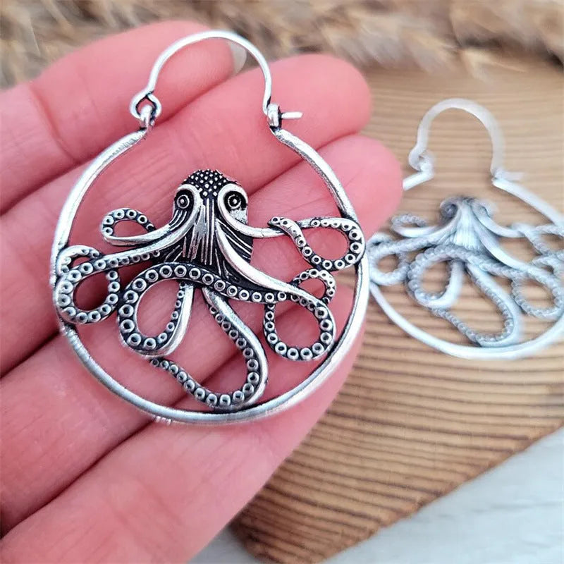 Vintage octopus earrings in antique silver finish with zinc alloy construction and animal zodiac design
