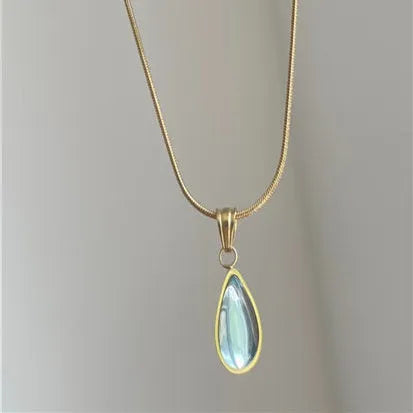 Retro blue and green water drop pendant necklace with titanium steel snake chain