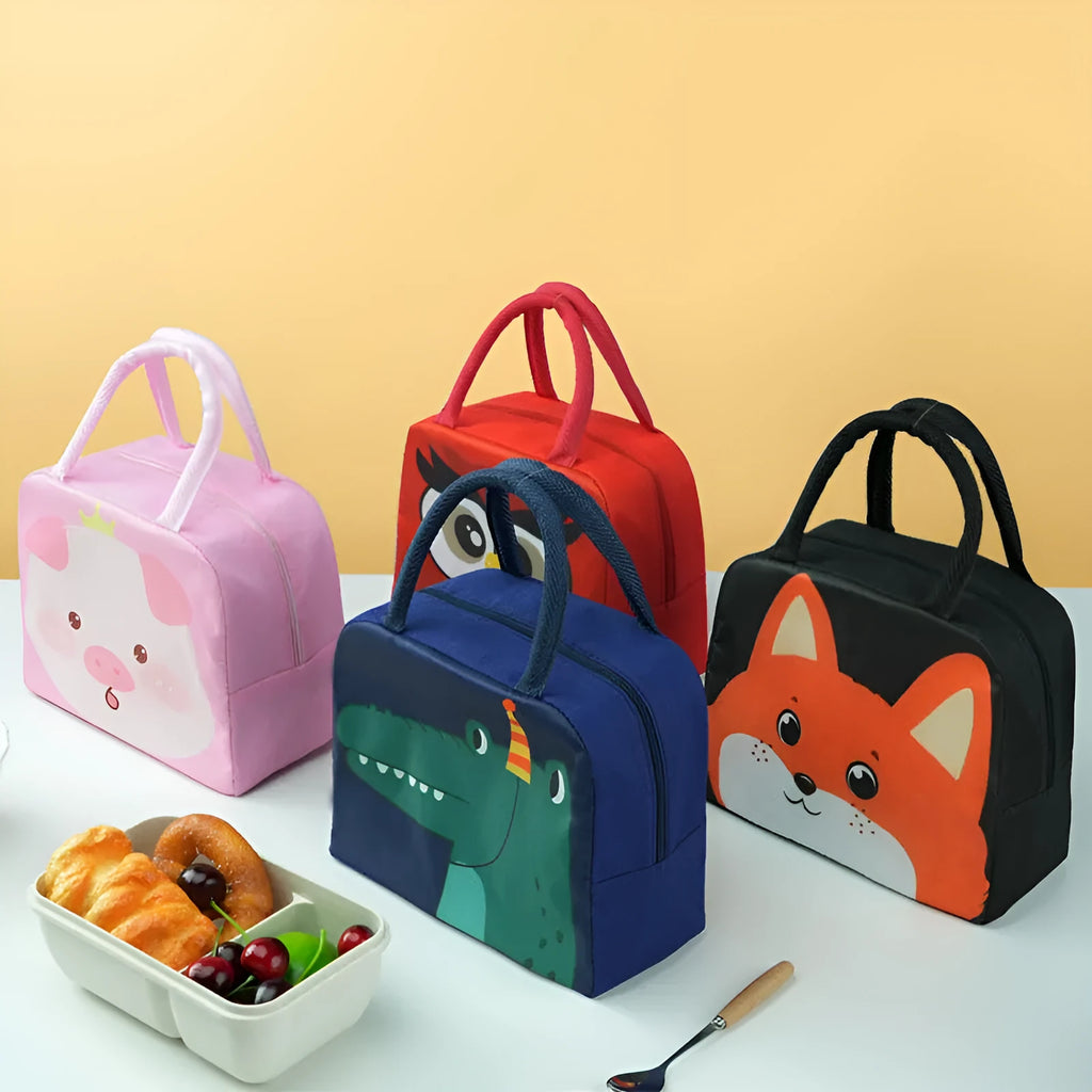 Cartoon funny children's insulated lunch box bag in Oxford cloth with animal design.