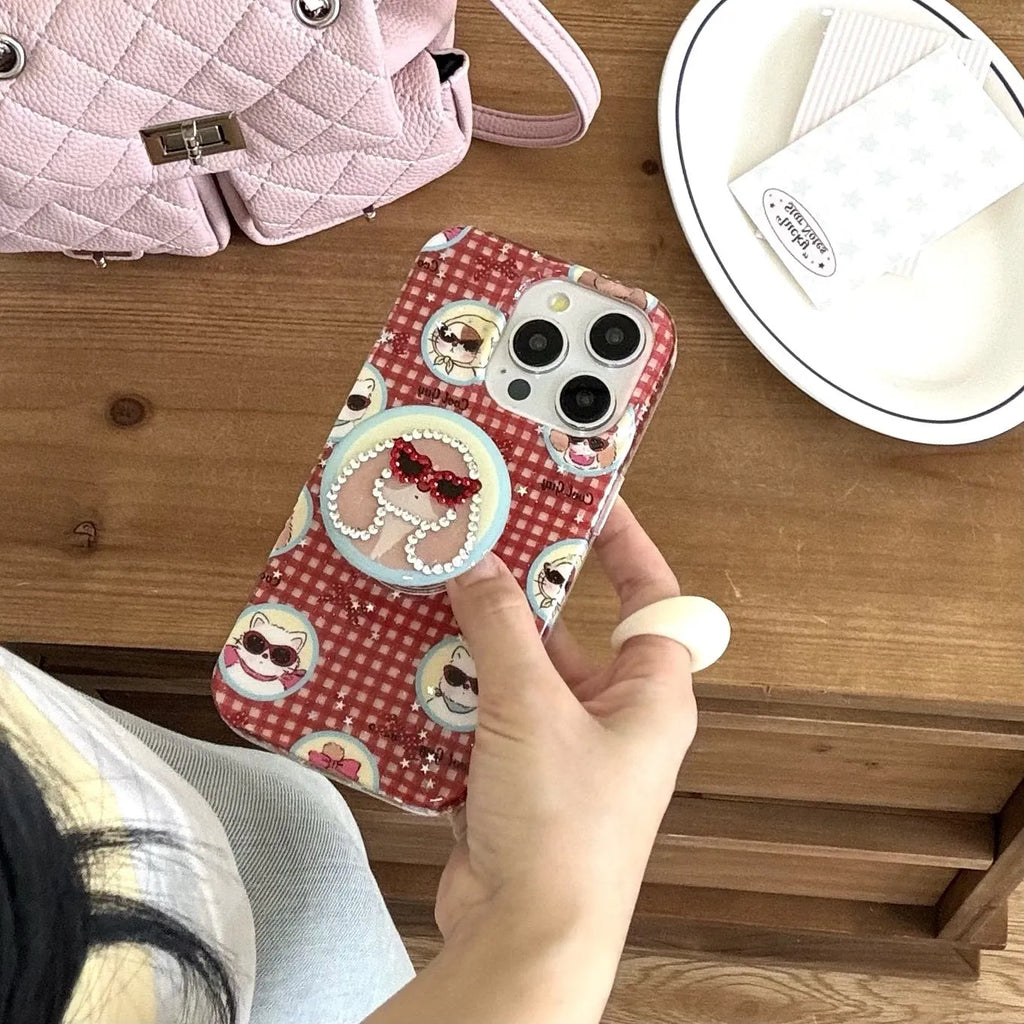 Cartoon glasses puppy spot drill TPU PC phone case with bracket for iPhone 13 14 15 16