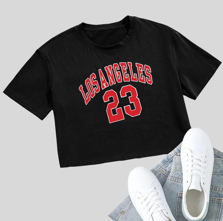 Black loose-fit cotton t-shirt with white personalised English letter print and exposed navel design.