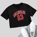 Black loose-fit cotton t-shirt with white personalised English letter print and exposed navel design.