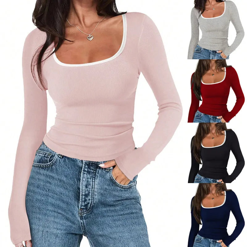 Women's slim fit cotton top with square collar and long sleeves in light grey colour