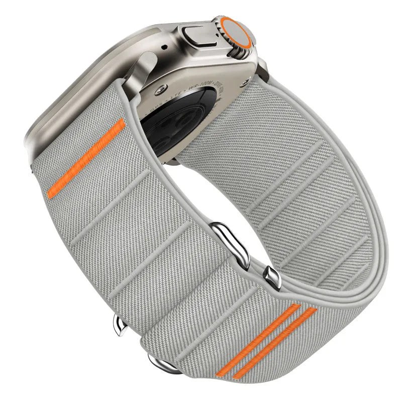 Elastic nylon Apple Watch replacement band with stainless steel buckle in Army Green colour