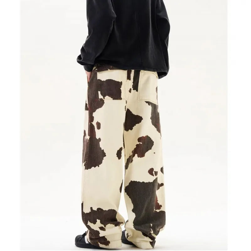 Men's American retro style trousers with cow pattern print in straight-leg cut and mid waist