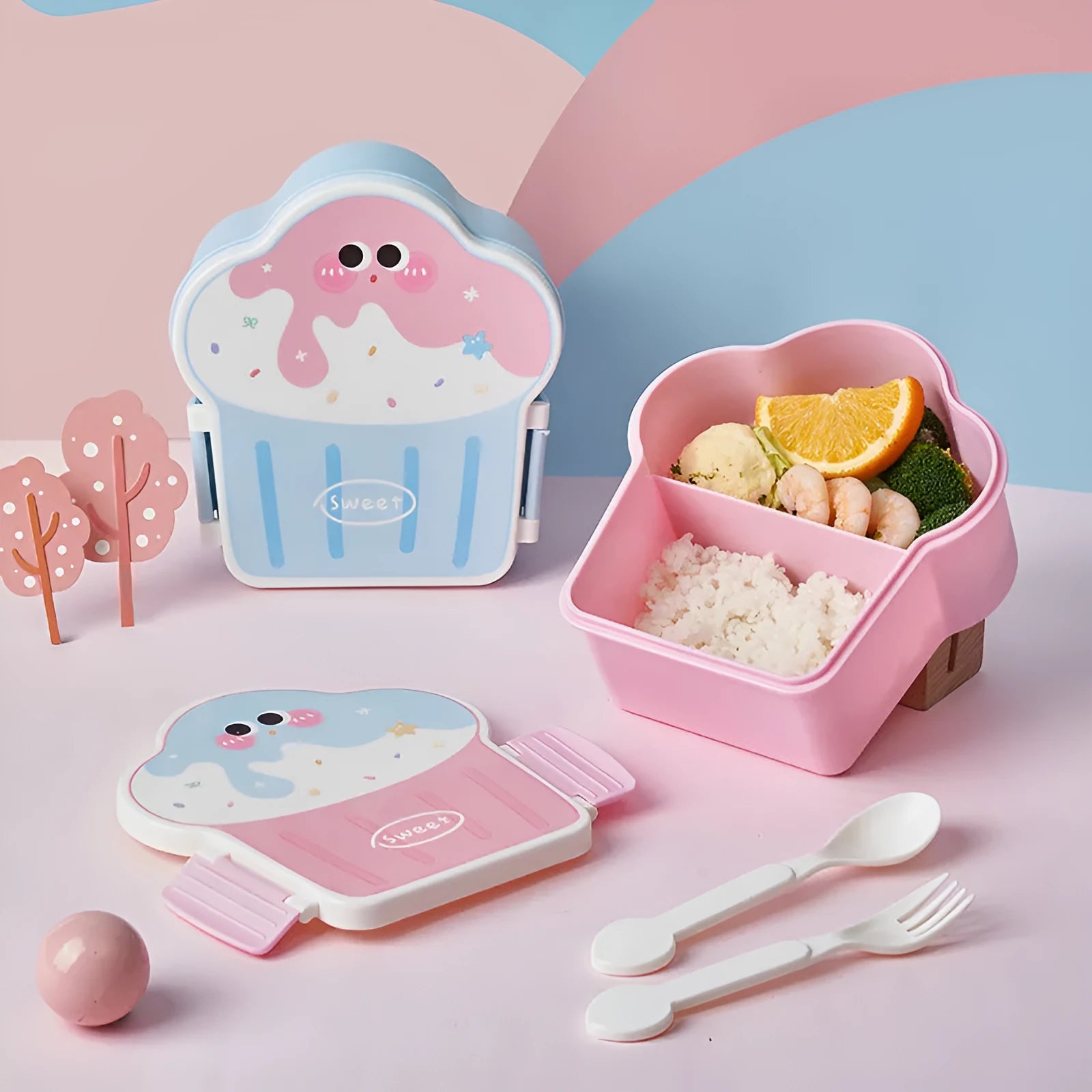 Creative pink and blue ice cream shaped plastic lunch box with compartments and included spoon and fork