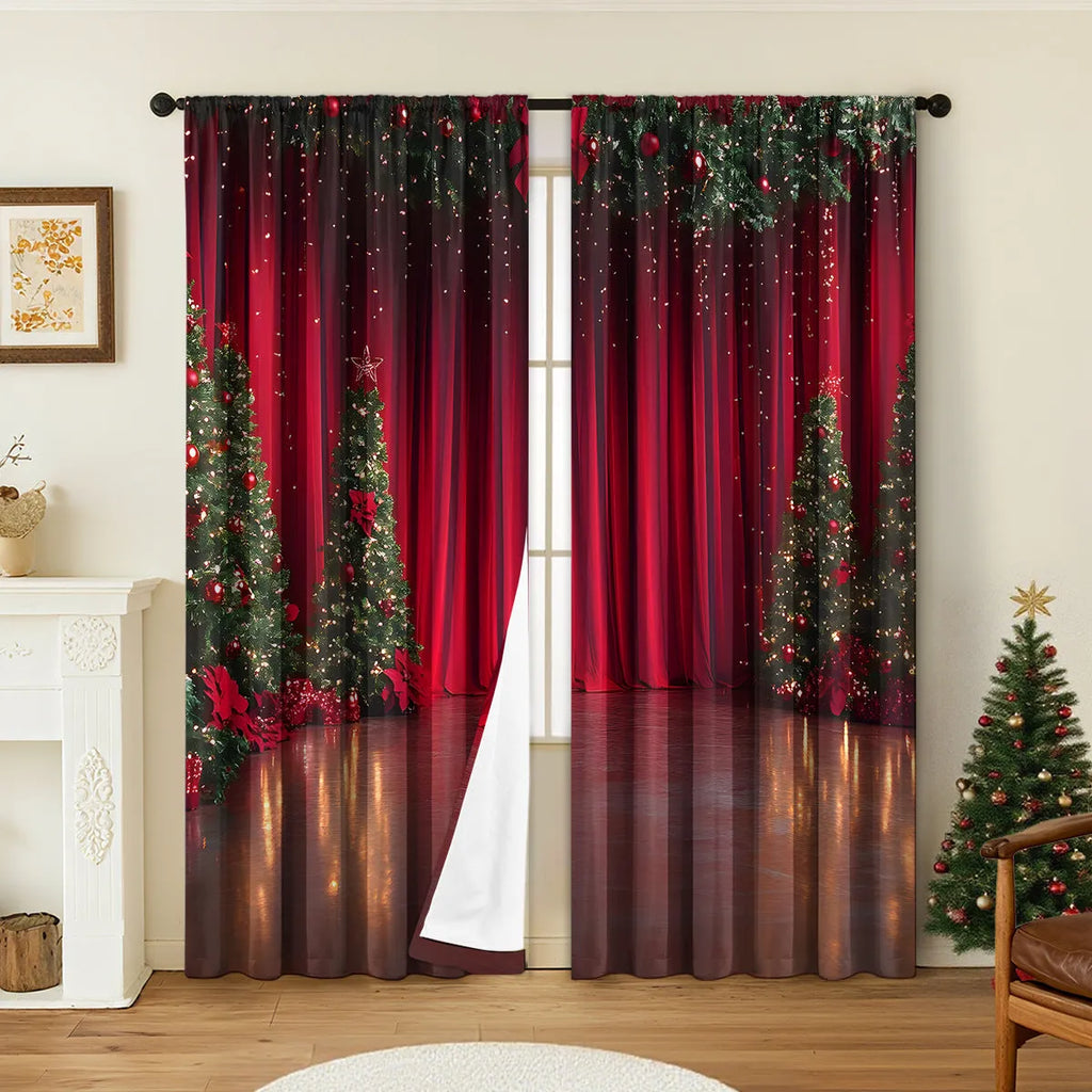 Pair of 3D digitally printed Christmas theme curtains in a red and green European style pattern.