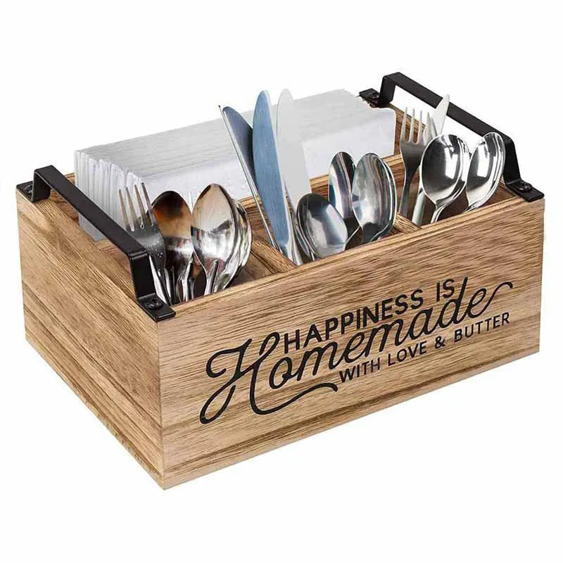 Wooden kitchen storage box with internal grid dividers for organising utensils.