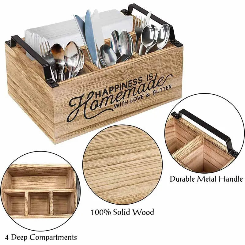 Wooden kitchen storage box with internal grid dividers for organising utensils.
