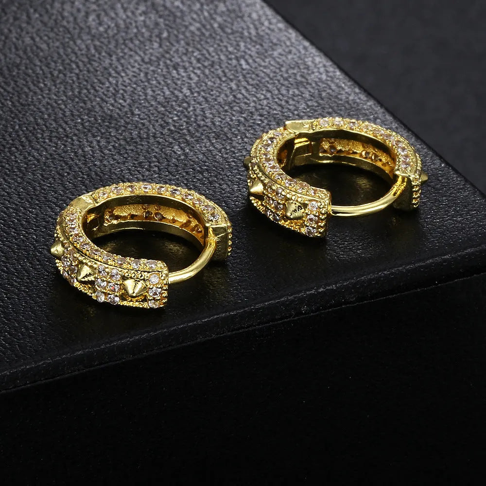 Unisex copper hip hop ear clip with full diamond stones, geometric round shape, gold white stone colour