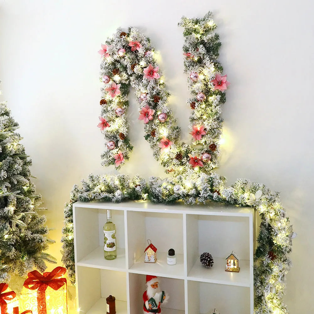 Christmas rattan garland with flocking texture in multiple colour options for festive decoration