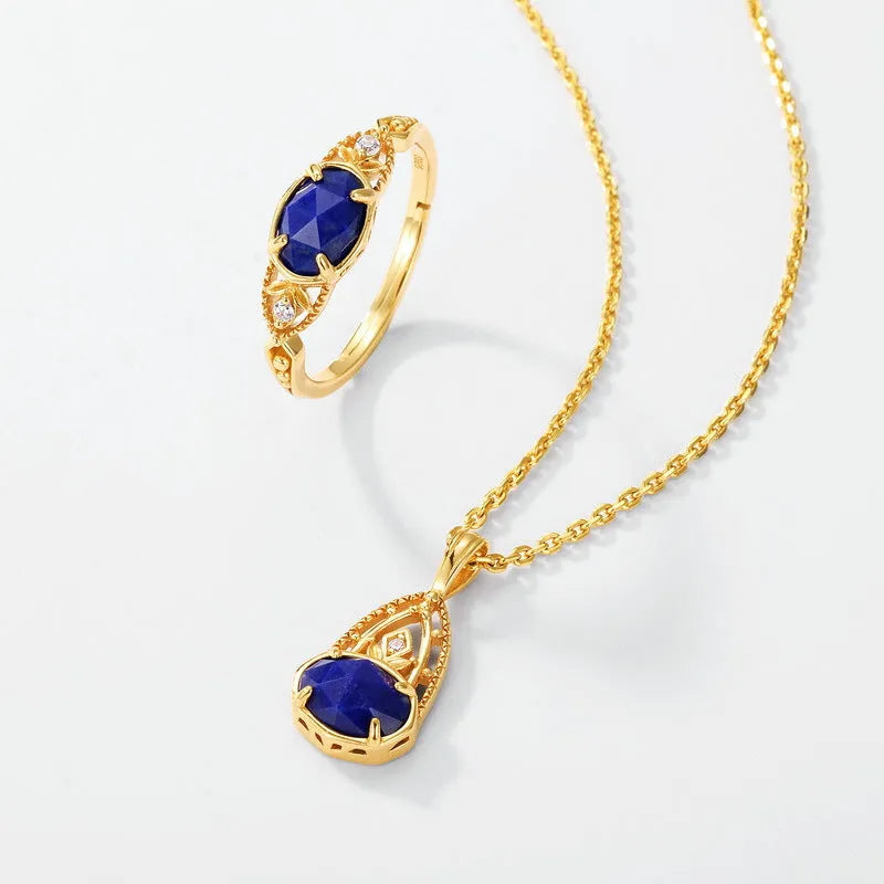 Silver alloy ellipse ring with natural lapis lazuli stone Japanese style women's jewellery