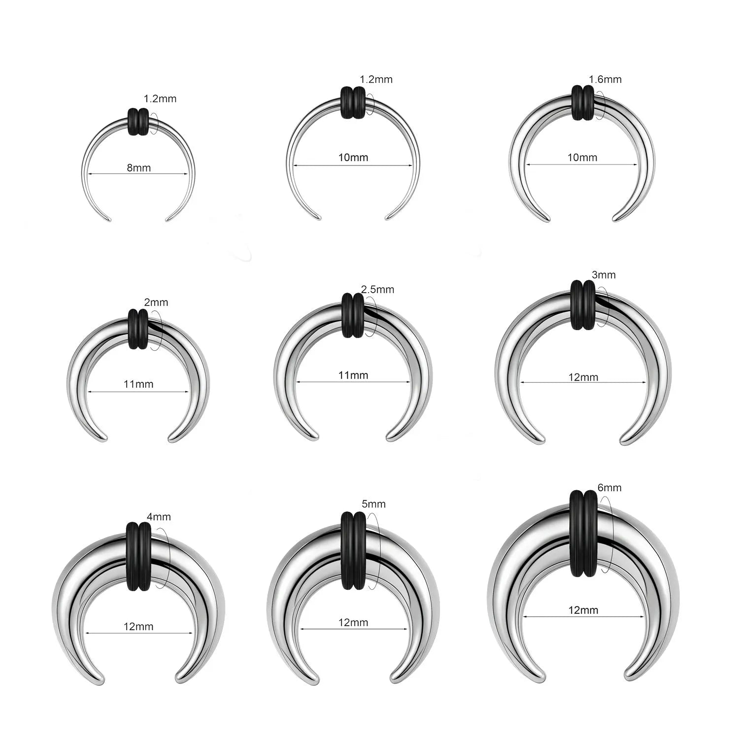 C-shaped nose ring in 316 stainless steel with buffalo horn elements showing multiple size options