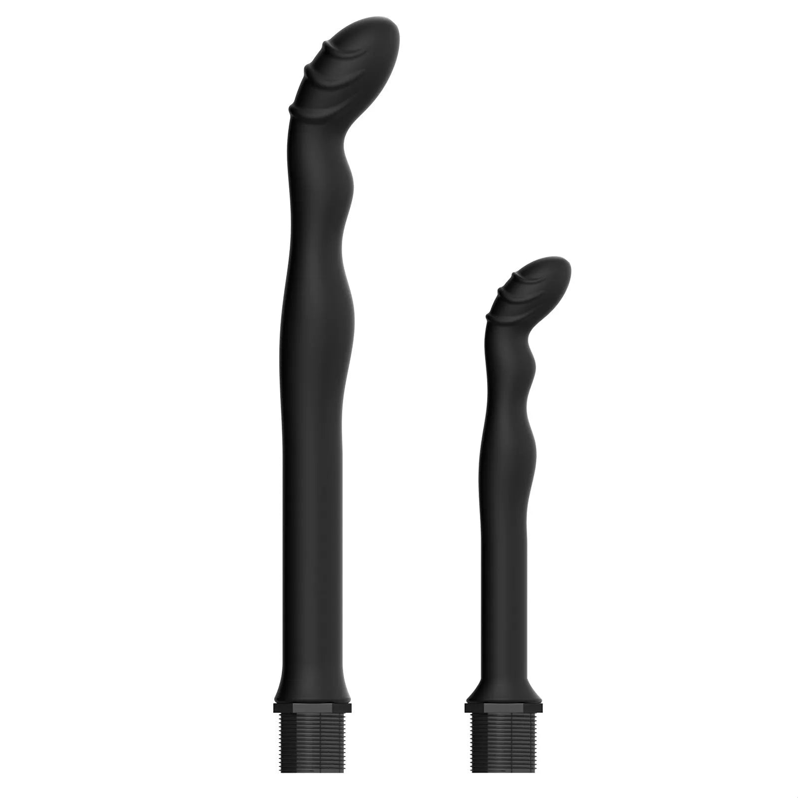 Black silicone hosepipe flusher enema kit with connector, shown in large and small size options.