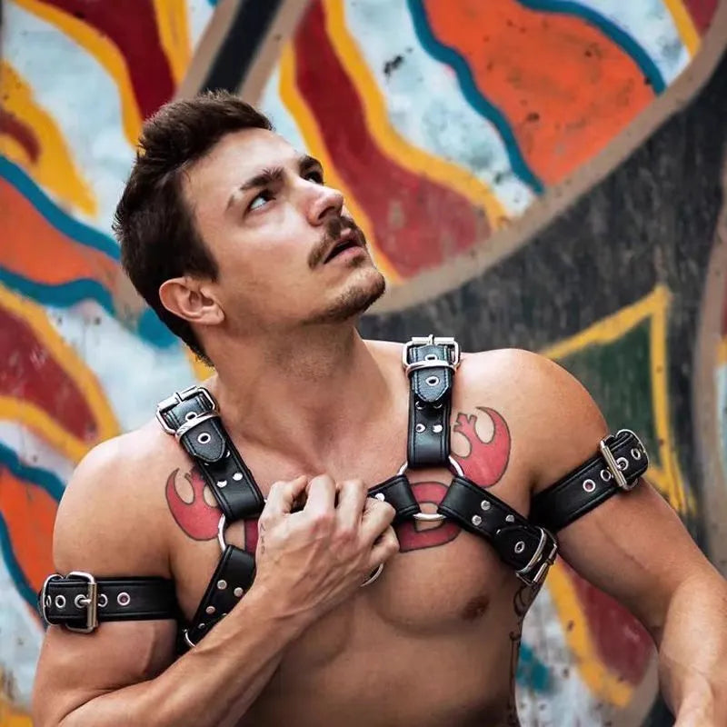 Black leather chest muscle bondage strap with metal buckle fastening system