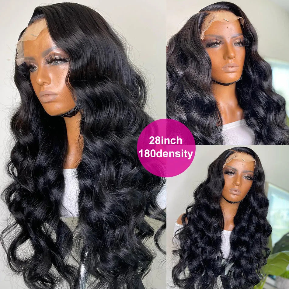 A black synthetic front lace wig with long curly hair and side-swept bangs, displayed on a wig stand.