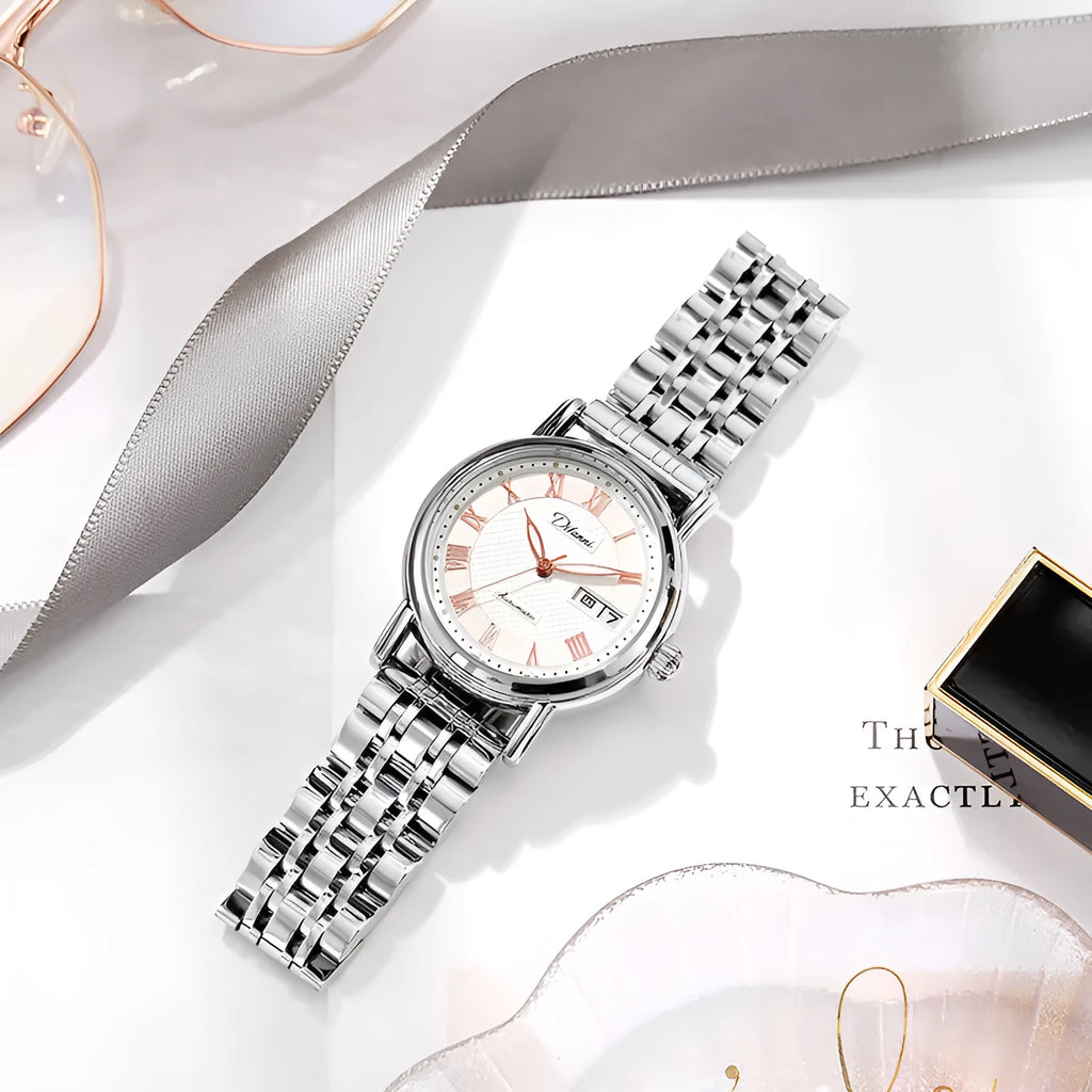 Automatic women's mechanical watch with 12mm case on steel or leather strap in various colours.