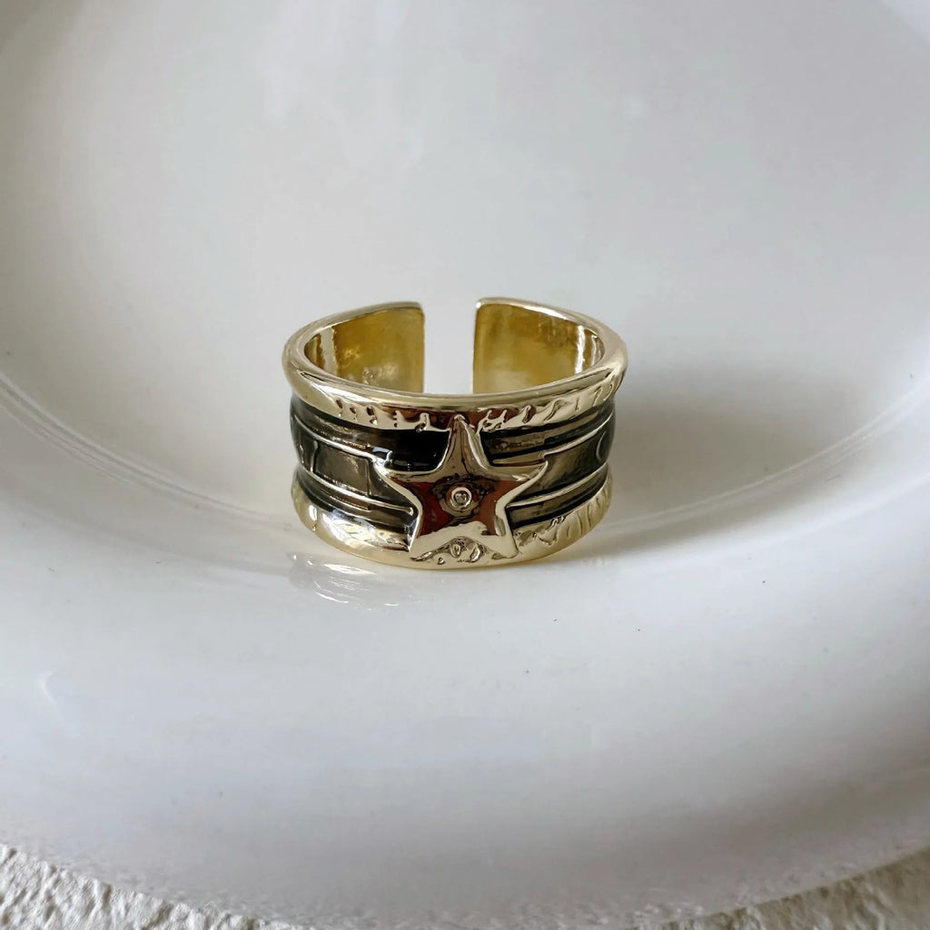 Distressed geometric copper ring with adjustable sizing in multiple colour options