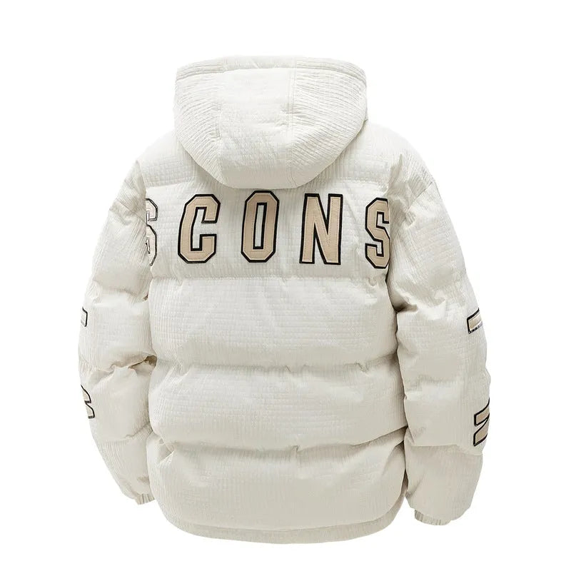 Men's black padded hooded coat with Korean-style letter-print and side pockets.