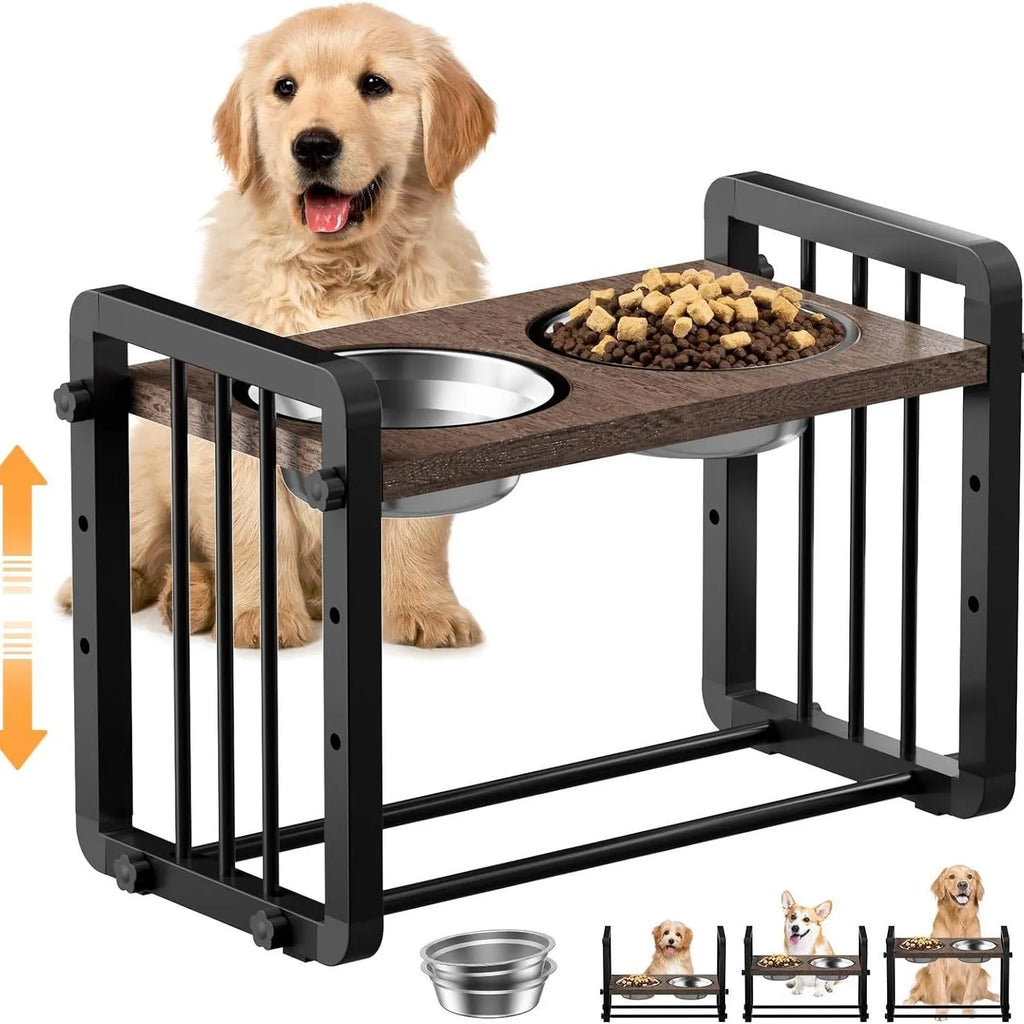 Black wooden dog bowl bracket stand with non-slip base, holding food and water bowls.