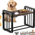 Black wooden dog bowl bracket stand with non-slip base, holding food and water bowls.