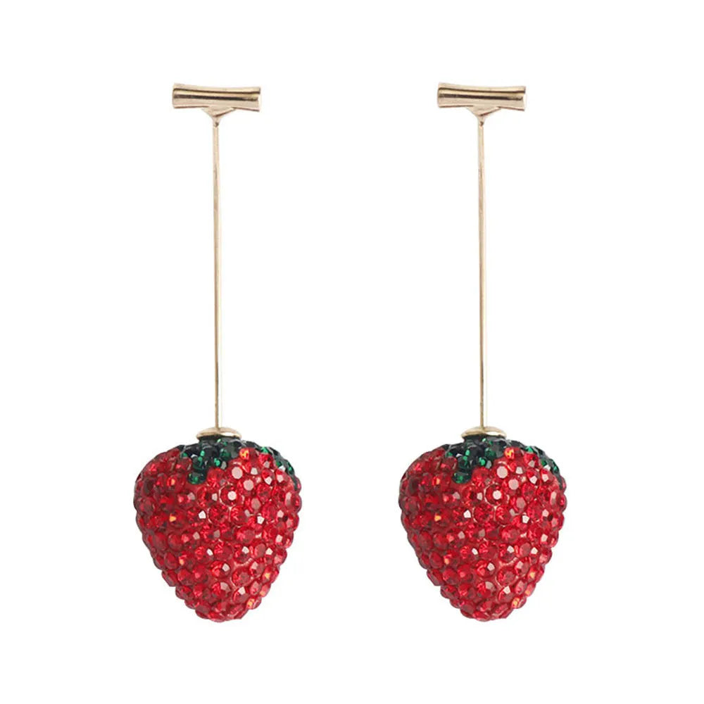 Geometric red strawberry stud earrings with spot-drill texture on a zinc alloy charm.