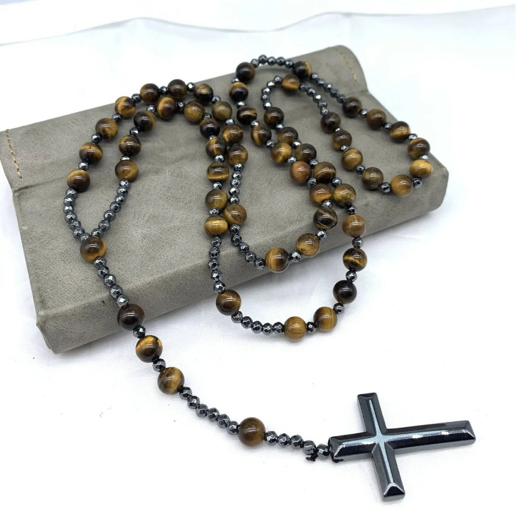 Men's stone cross pendant necklace on a ball bead chain with safety lock, 80cm length.
